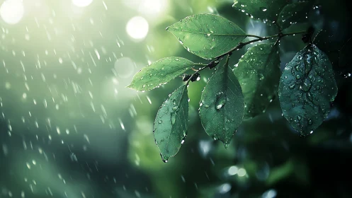 Rain-soaked green leaves in soft forest backlight.