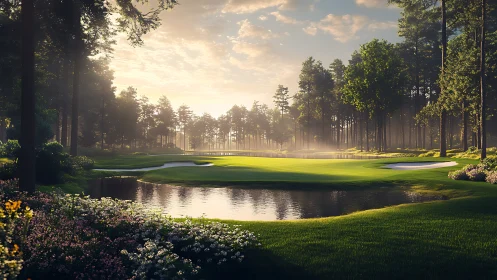 Sunlit fairway lagoon cradled by whispering pines and mist.