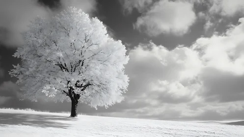 Solitary winter tree stands serene beneath dramatic clouds