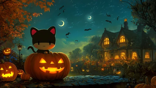 Adorable Black Cat Perches on Glowing Jack-o-Lantern