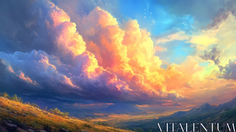 Sunlit cumulonimbus clouds dominate expansive valley sky