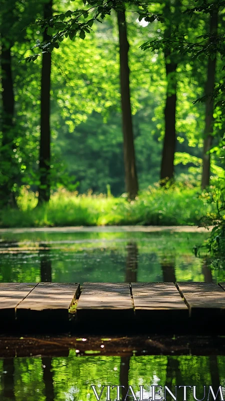 Sunlit forest pond with rustic wooden footbridge reflection.