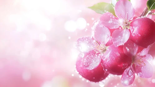 Pink apple blossoms with water droplets in soft-focus bokeh environment.
