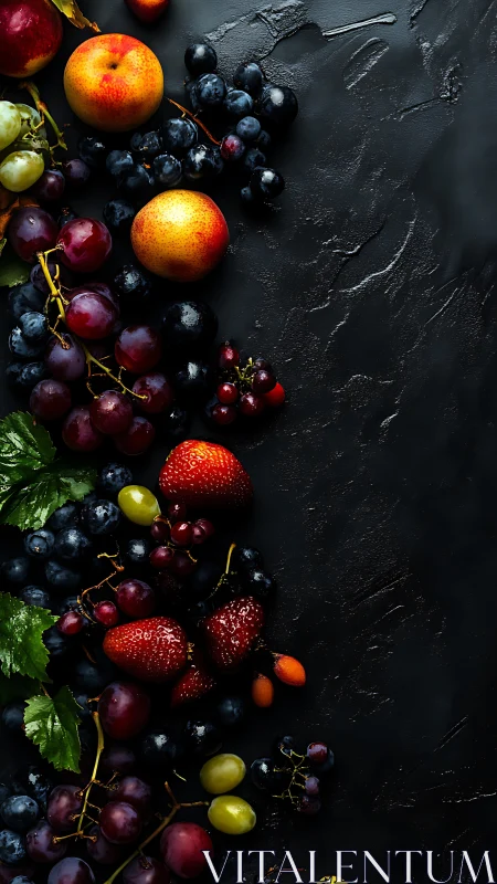 High-contrast assorted berries and stone fruits on dark slate