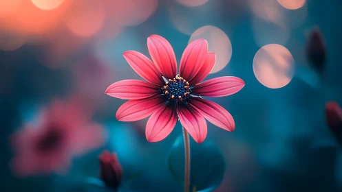 Pink cosmos flower with dark center and blurred bokeh background.