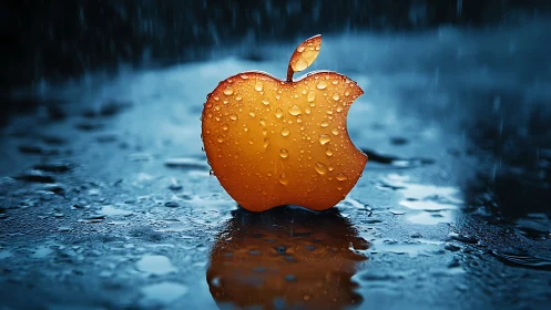 Golden apple icon gleams like neon fruit in stormy rain