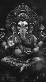 Monochrome Ganesha radiates calm power in sacred smoke.