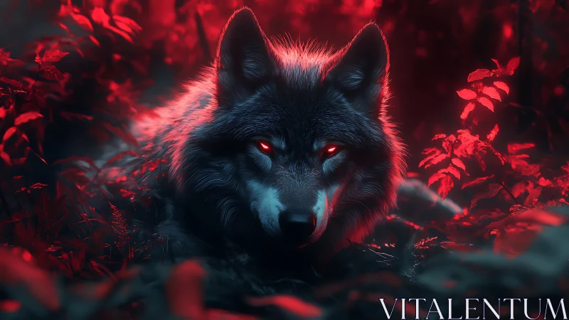 Midnight forest wolf resting in a glow of vivid red light.