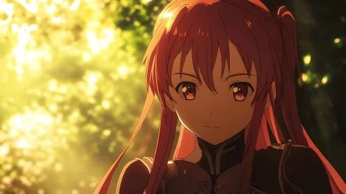 Sunlit anime heroine stands in glowing forest bokeh light.
