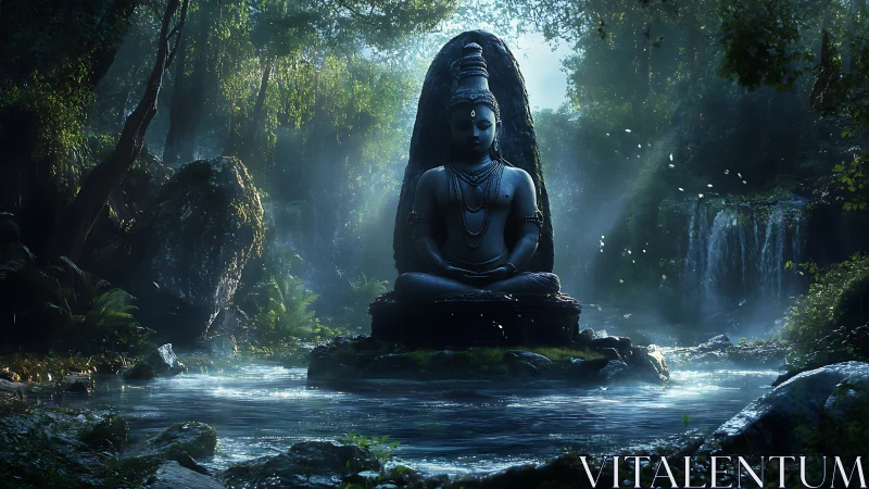 Forest shrine of stillness cradled in mist and waterfalls.