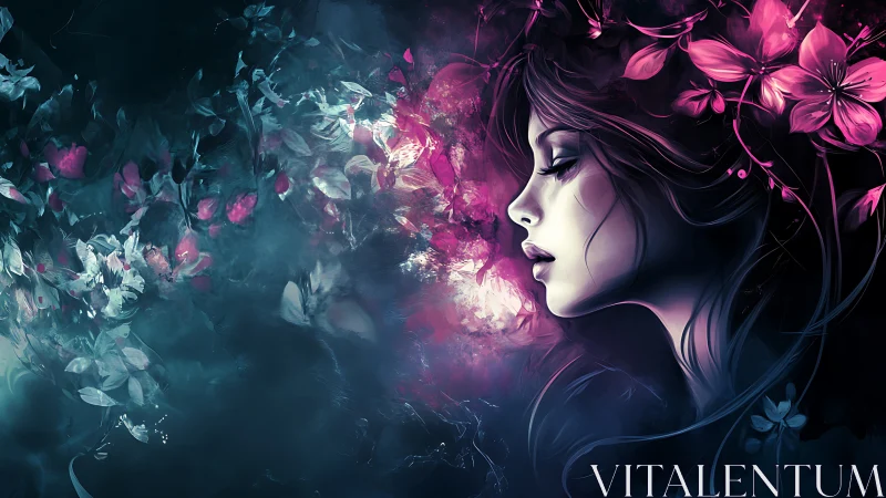 Digital portrait of floral dreamer in glowing twilight bloom.