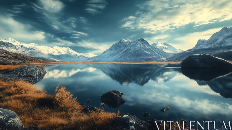 Snow-capped mountains embrace a still reflective alpine lake