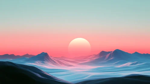 Dreamy pastel sunrise over calm, rolling digital dunes.