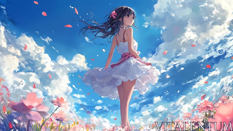 Girl in white dress standing in flower field under sky.