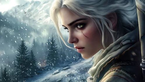 Snow-scarred huntress gazes into a storm-torn mountain wilds.