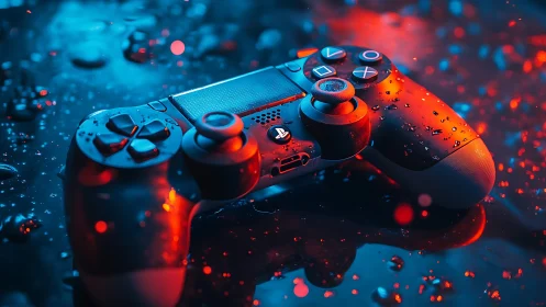 Gaming Controller in Neon Light: Blue-Red Digital Ambiance.