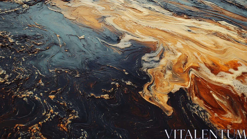 Swirling oil slick patterns stain dark water with toxic color