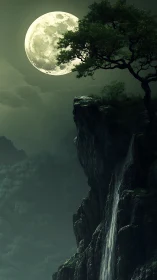 Moonlit waterfall cliff glows softly under a watchful sky