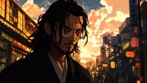 Man stands in illuminated urban street during sunset