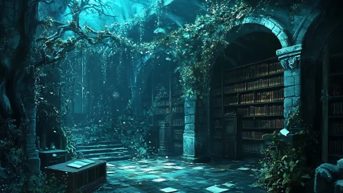 Enchanted overgrown library rendered in atmospheric digital light