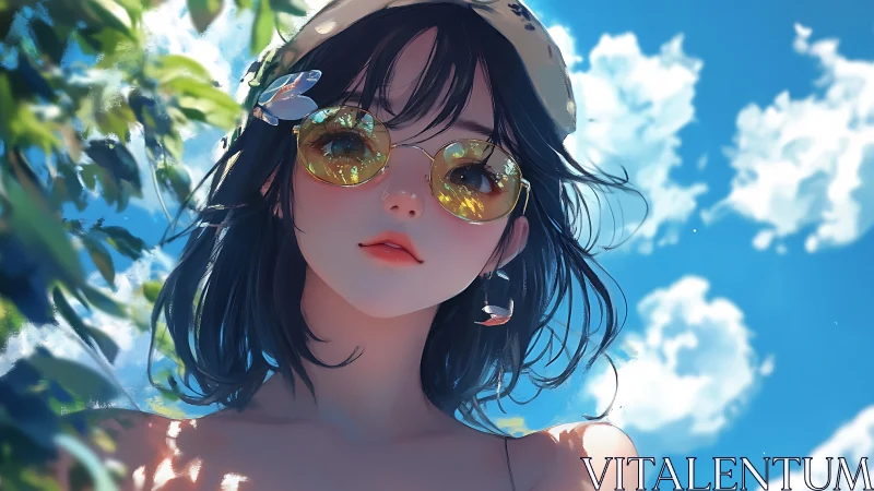 Sunlit anime girl gazes up through golden summer lenses