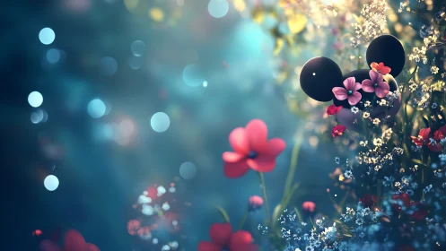 Digital floral scene shows stylized mouse ears among blossoms