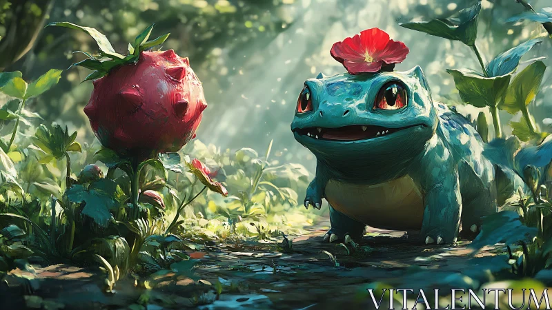 Bulbasaur explores luminous forest with poppy bloom