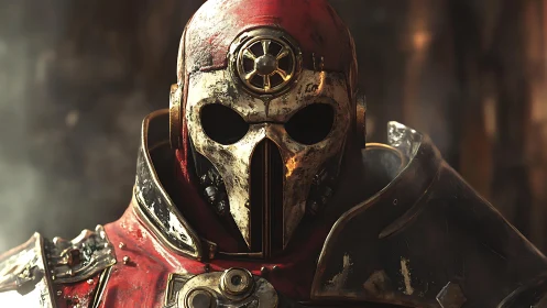 Battle-scarred mechanized paladin with vented skull helm.