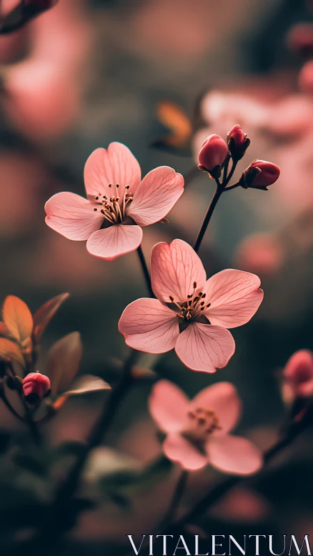 Delicate pink blossoms with unopened buds against soft blur.