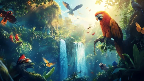 Parrots conduct a sunrise symphony above jungle waterfalls