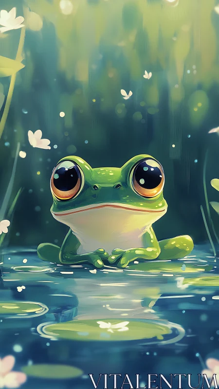 Bright-eyed pond frog enjoys a quiet, dreamy evening pause