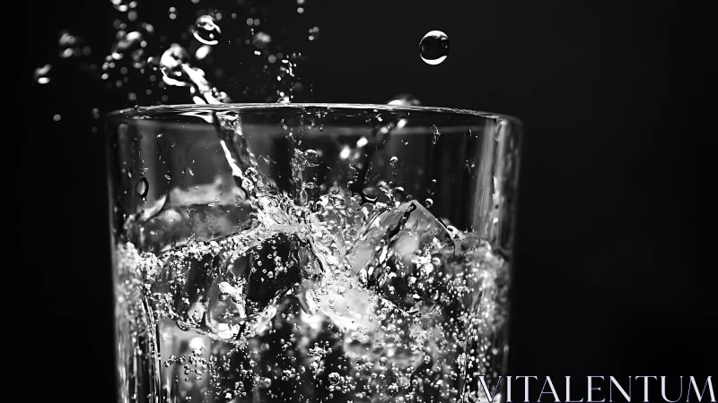 Close-up view of water splash around ice cubes in glass.