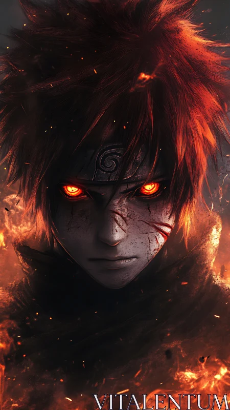 Incandescent anime combatant in pyrokinetic frontal portrait.