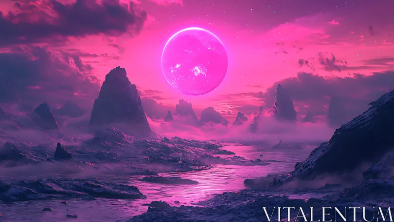 Neon lunar horizon over alien seascape in digital painting.