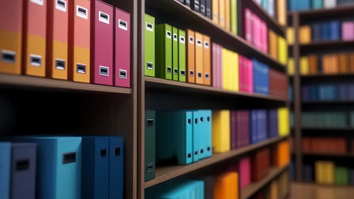 Colorful file binders bringing cheerful order to shelves.