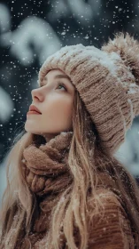 Young woman in winter clothing looks upward in falling snow