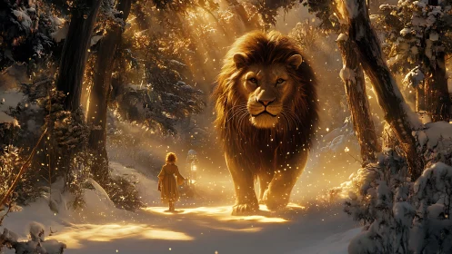 Golden forest lion escorts child through winter magic.