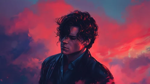 Digital painting portrait with neon dusk cloudscape backdrop.