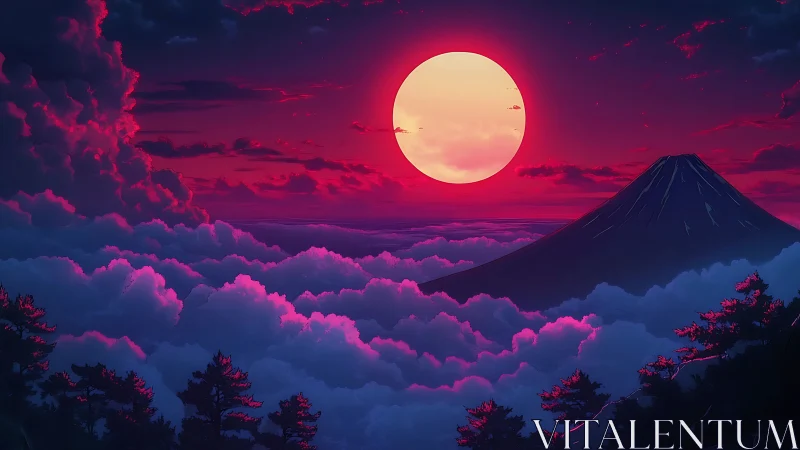 Radiant moonrise above dreamy clouds and quiet mountain.