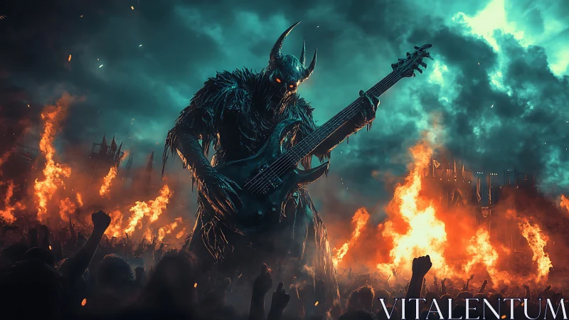 Demonic metal guitarist towers over fiery, ecstatic crowd.
