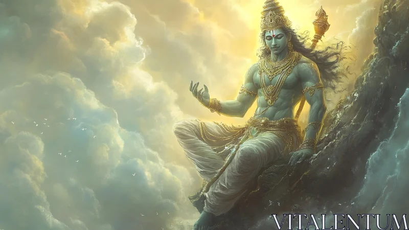 Divine sky deity seated on mountainside above glowing clouds.