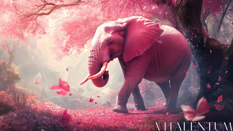 Pink elephant walking in stylized cherry blossom forest scene.