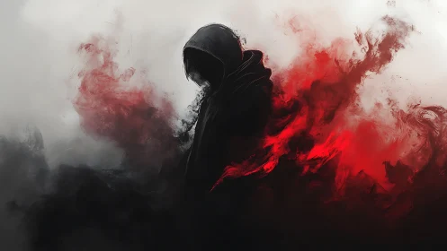 Hooded figure in dark smoke and red swirling mist.