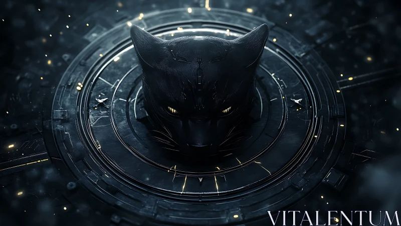 Black metallic cat head centered in dark circular matrix.