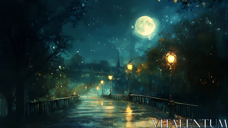 Moonlit city bridge shows wet pavement and glowing lamps