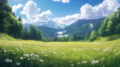 Mountain meadow landscape shows layered vegetation and clouds