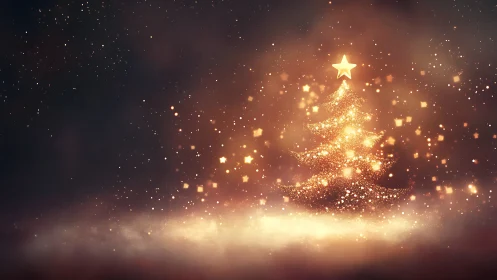 Golden Christmas tree glows softly in a dreamy winter haze