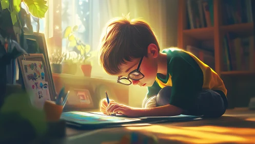 Young child drawing on floor in sunlit home interior.