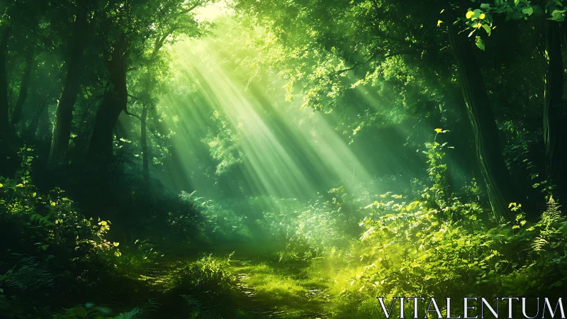 Sunlit Forest Pathway: Crepuscular Rays Through Dense Canopy.