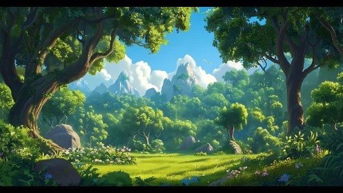 Sunlit Valley Garden Framed by Ancient Giants.